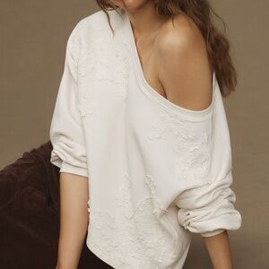 Anthropologie Ivory Crochet Appliqué Pullover Cotton Sweatshirt Size XS